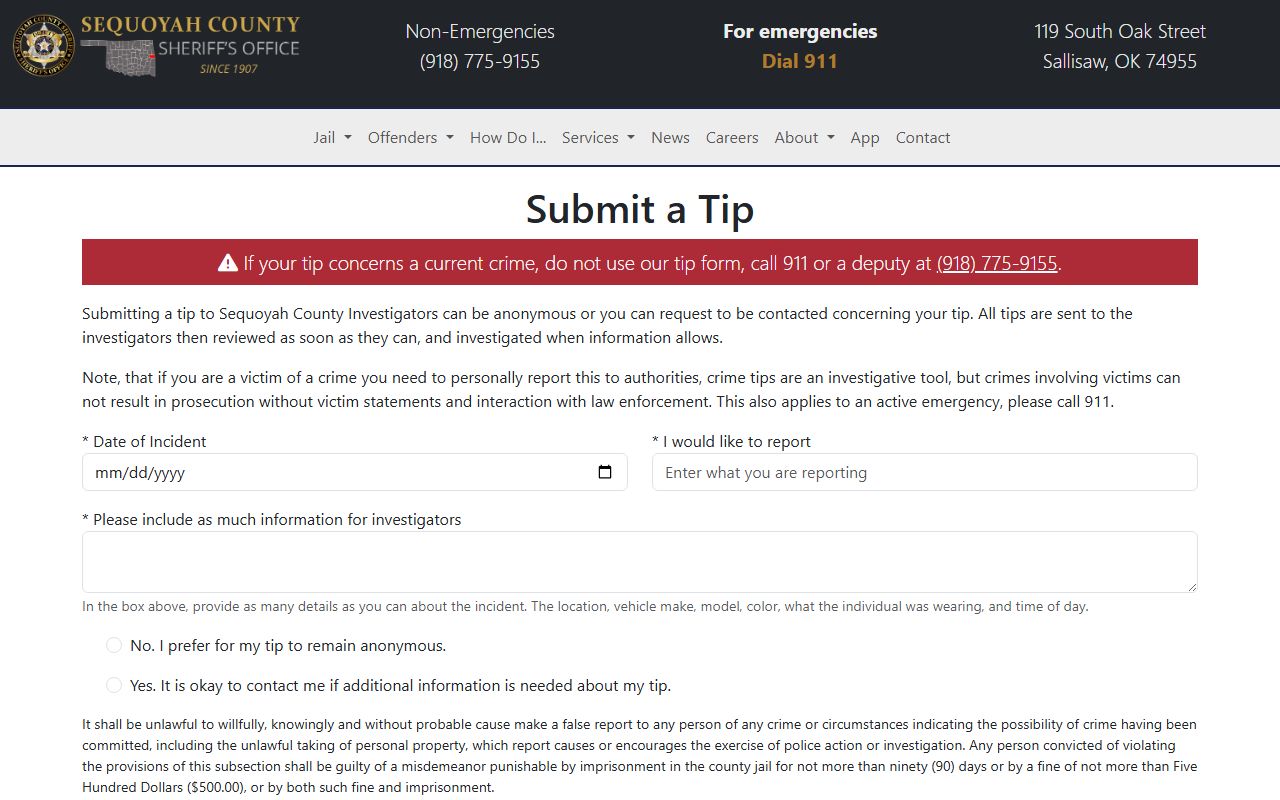 Sequoyah County Sheriff tip form for reporting arrest and charge information