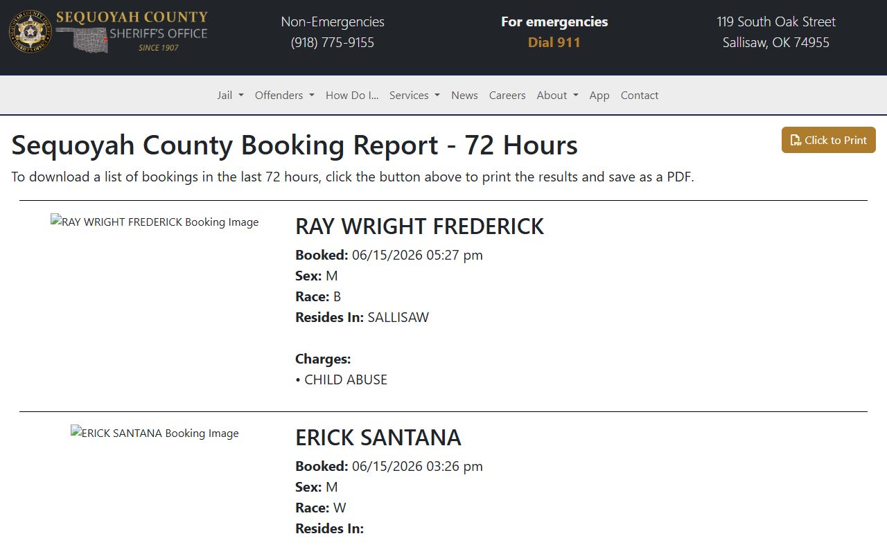 Sequoyah County arrest records shown on the sheriff's weekly booking report