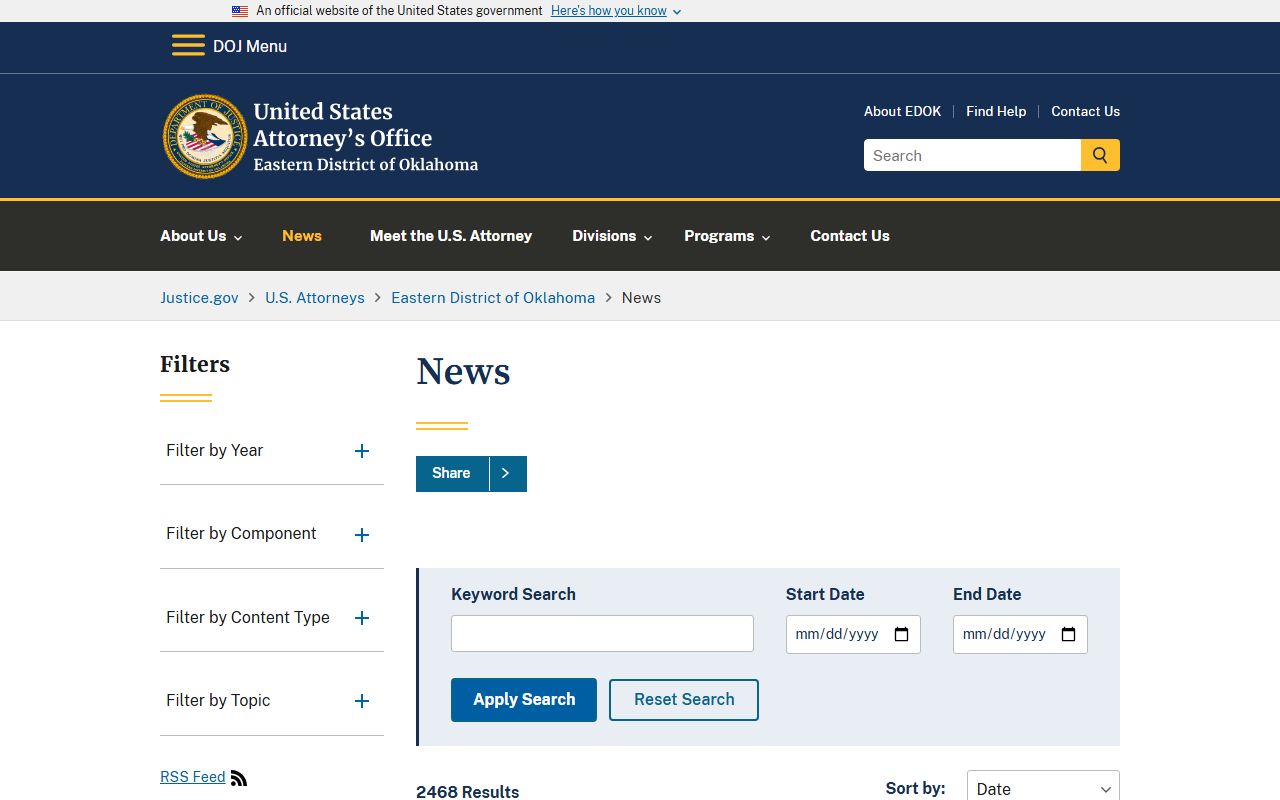 U.S. Attorney Eastern District of Oklahoma charge and sentencing press releases for Sequoyah County