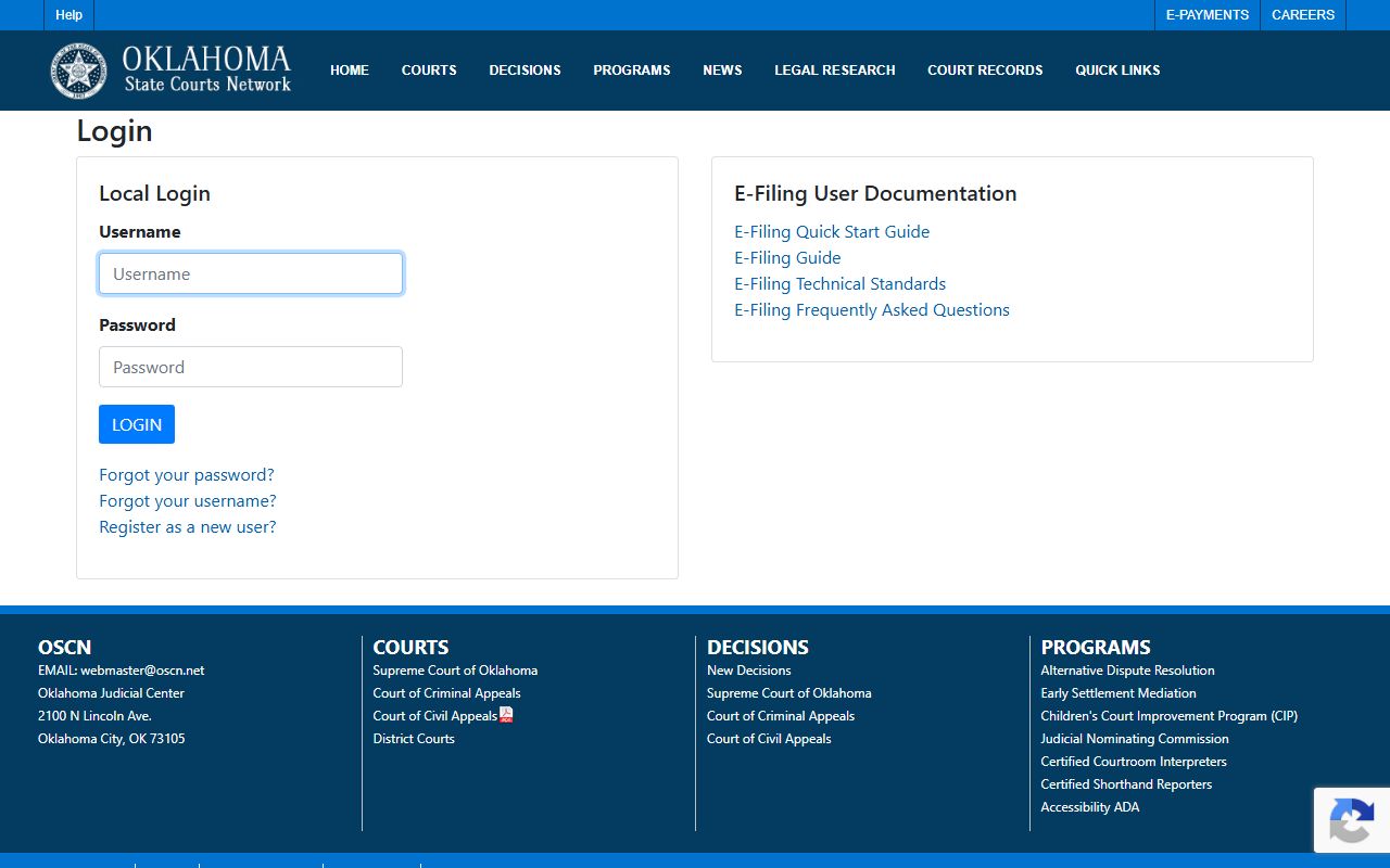 Sequoyah County court docket e-filing through the Oklahoma Unified Case Management System