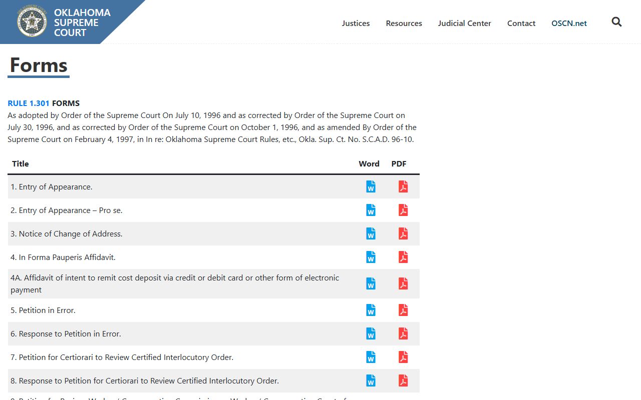 Sequoyah County court docket forms on the Oklahoma Supreme Court forms page