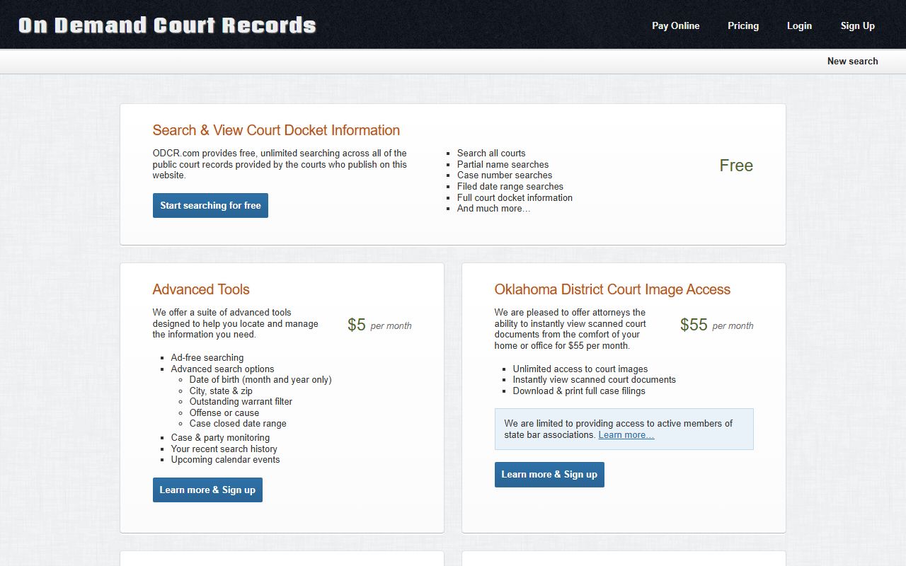 ODCR pricing page for Sequoyah County court records search access
