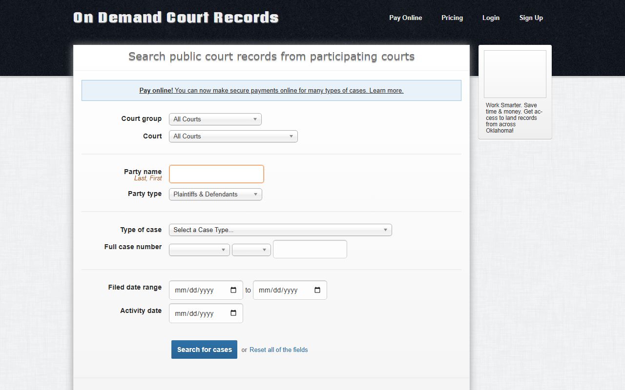 ODCR public search portal for Sequoyah County court records