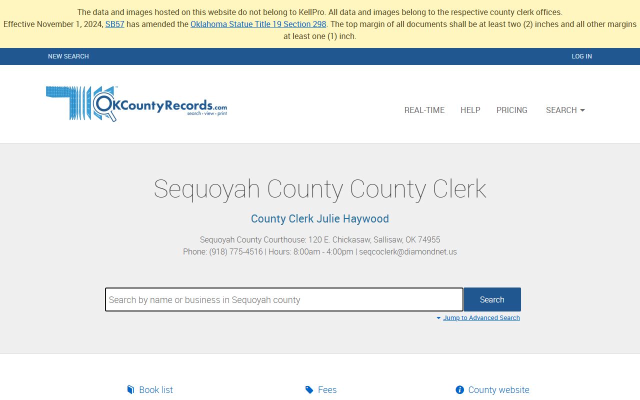 Sequoyah County land record search for County Clerk recorded documents