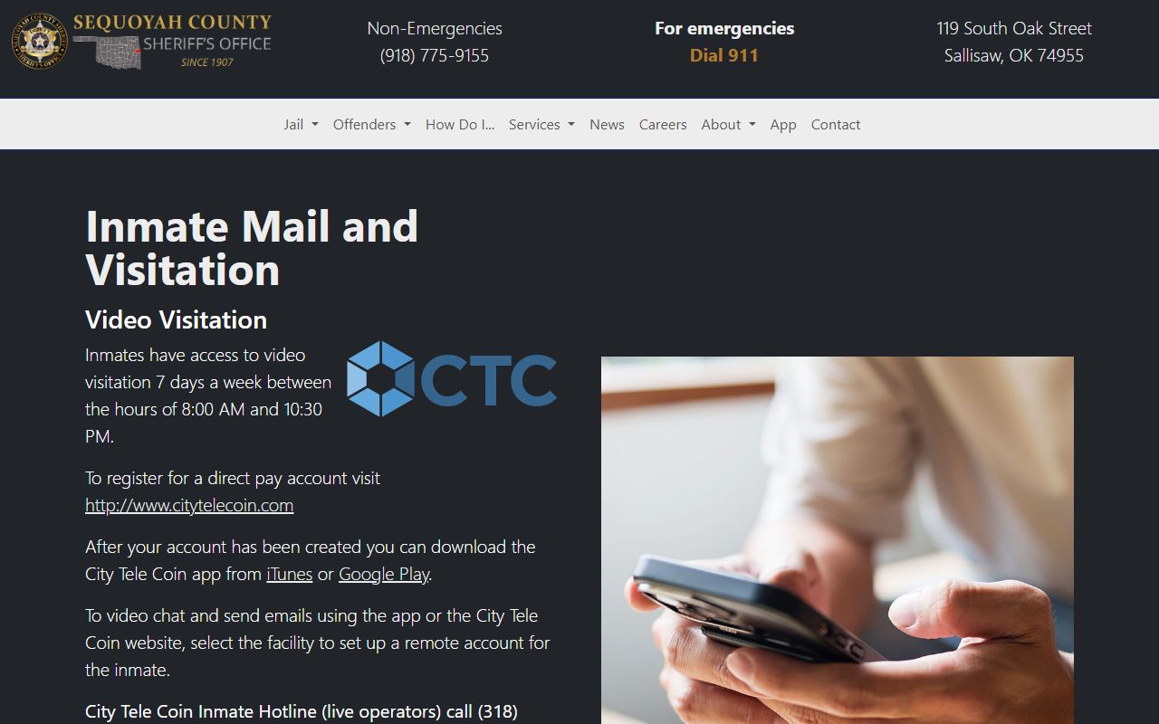 Sequoyah County jail inmate mail and visitation policy page