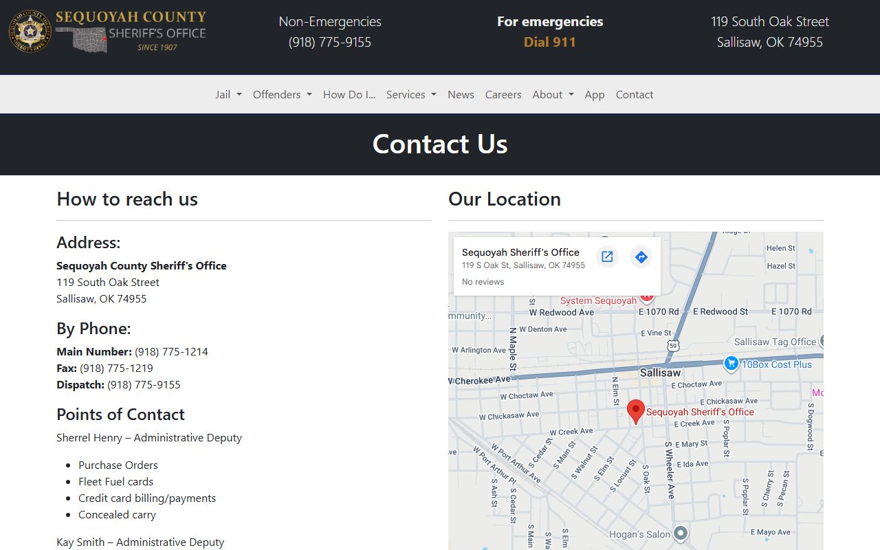 Sequoyah County Sheriff contact page used to verify records tied to marriage and divorce cases