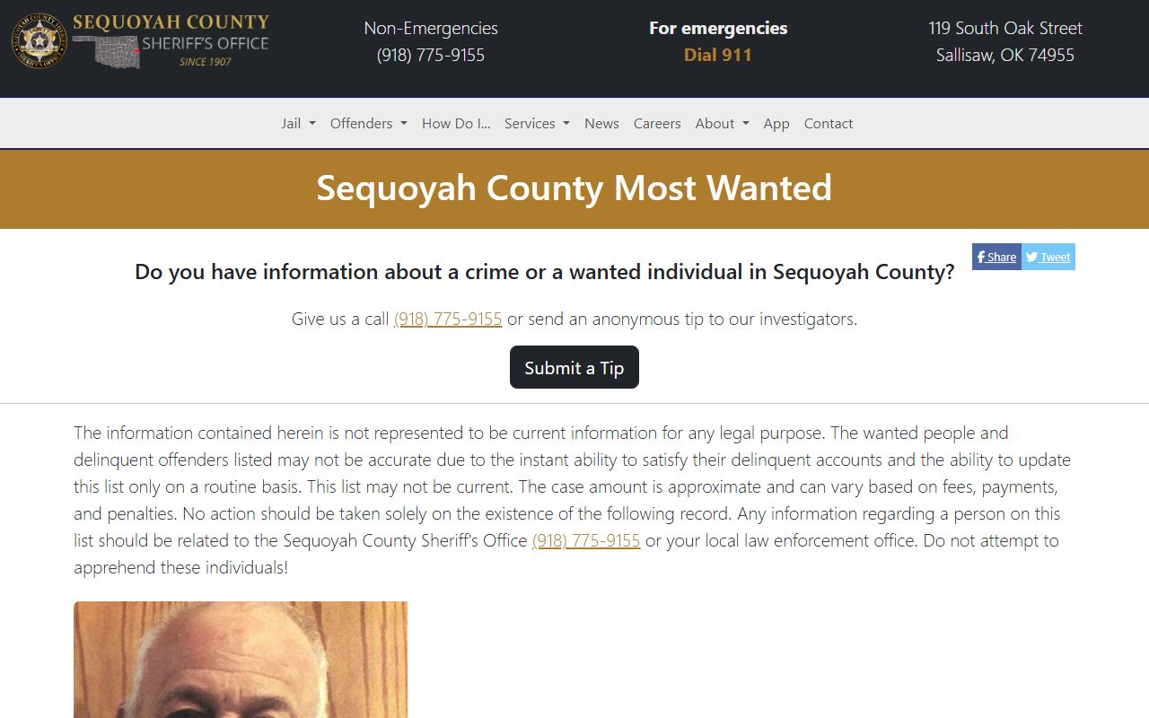 Sequoyah County Sheriff's Most Wanted warrant list page